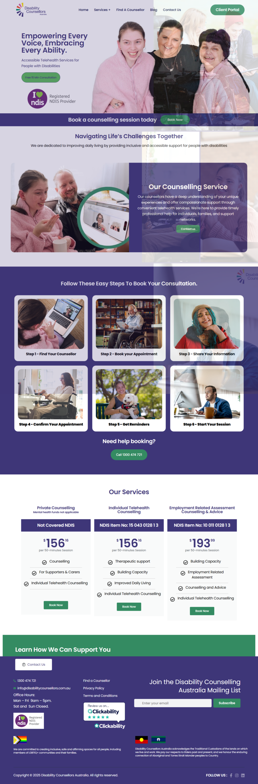 Disability Counsellors Australia website homepage design shown on desktop