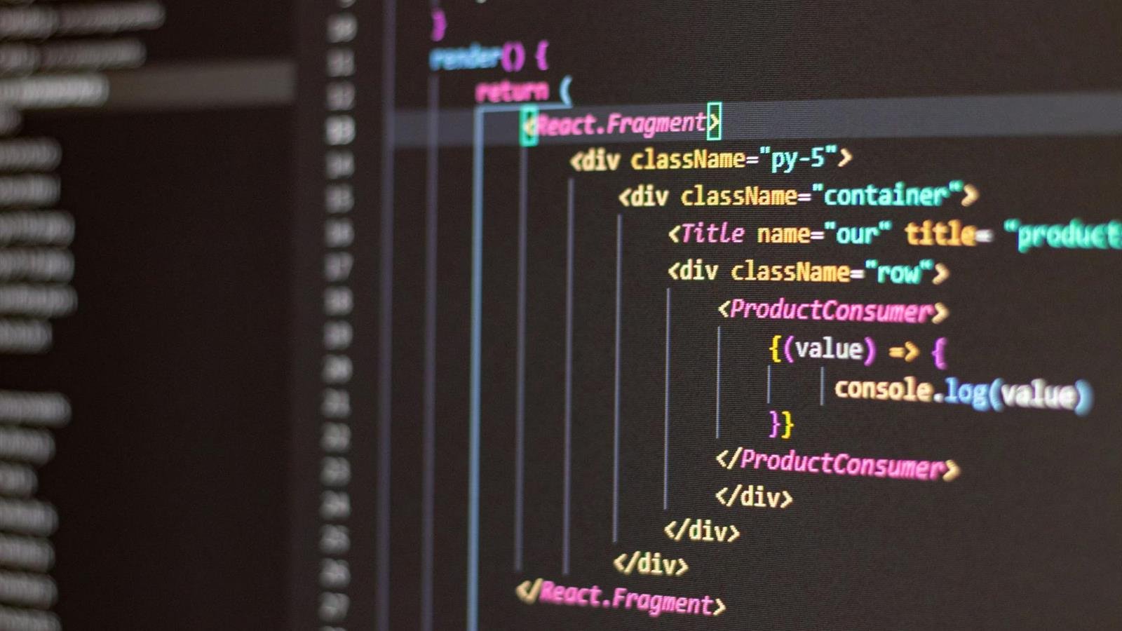Close-up of website code on a computer screen during a website development build